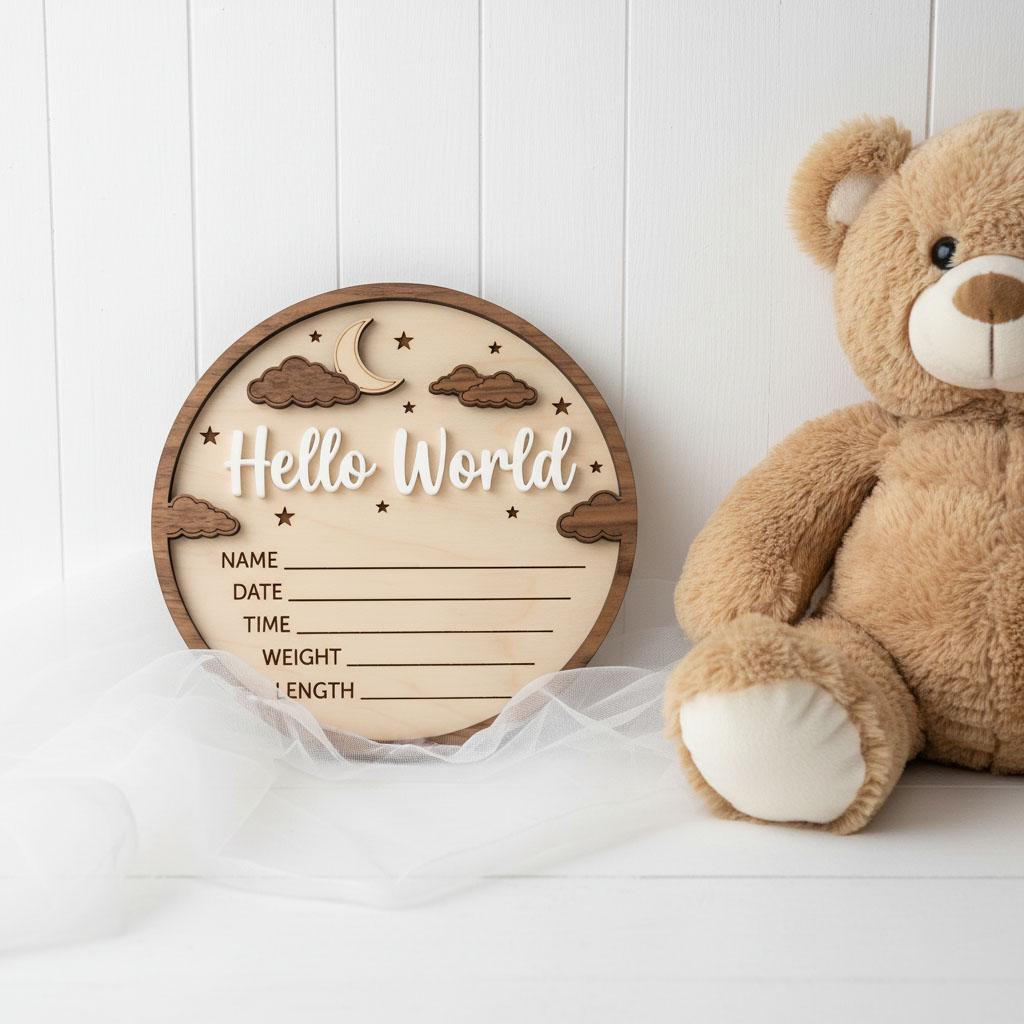 3D Moon Stars Birth Stats Sign | Walnut Frame Wood Baby Plaque | Acrylic Hello World Announcement | Neutral Nursery Decor