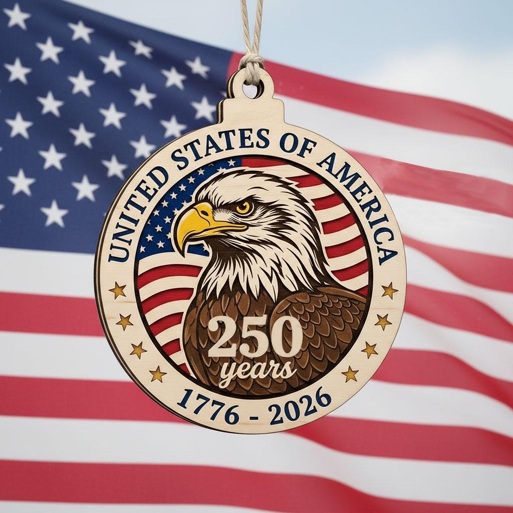 USA 250 Years Wood Ornament, Layered Eagle Patriotic Gift, 1776-2026 Anniversary Decor, Handmade Wooden Semiquincentennial Gift