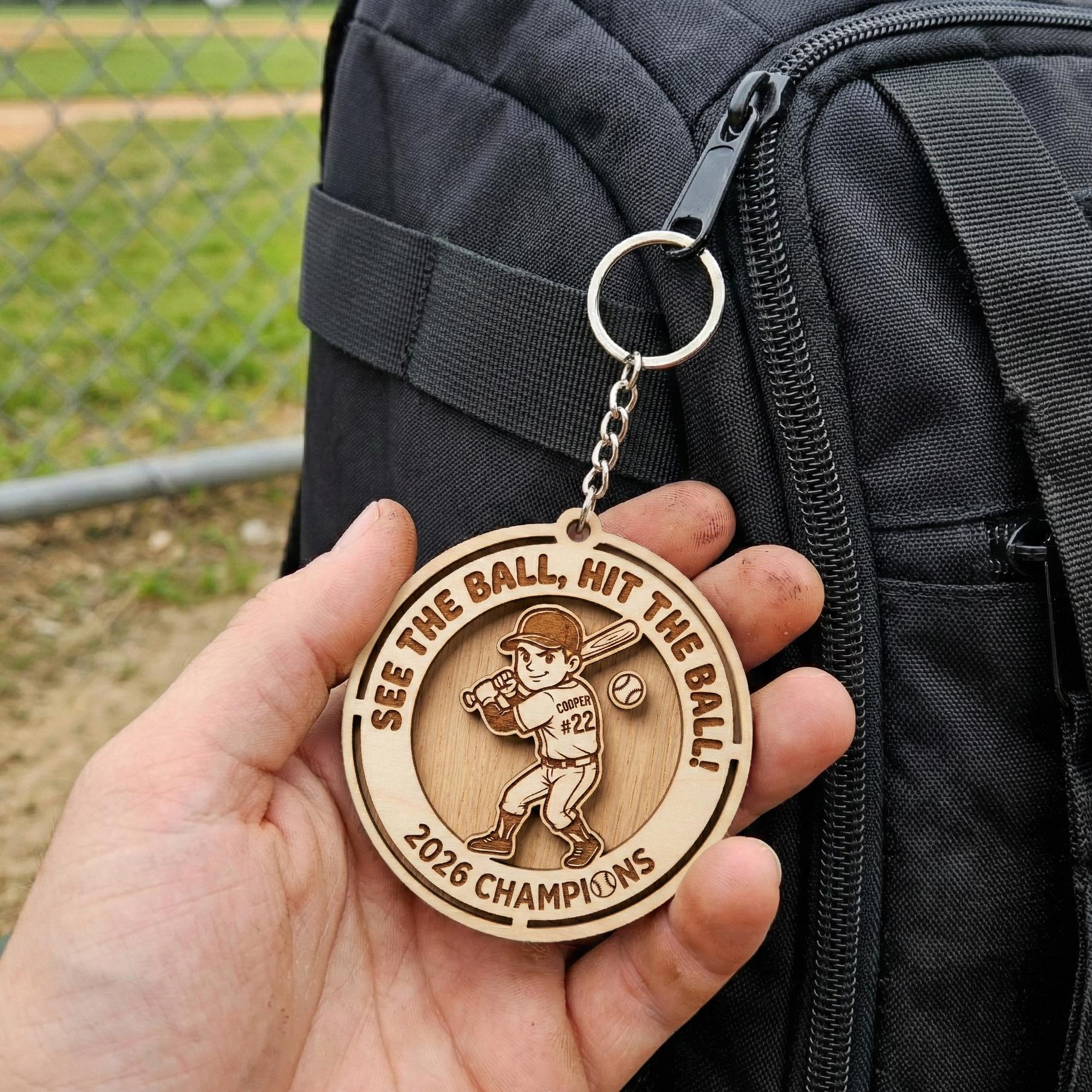 Personalized Wooden Baseball Keychain Custom Name and Number, Engraved Baseball Player Keychain, Little League Team Gift