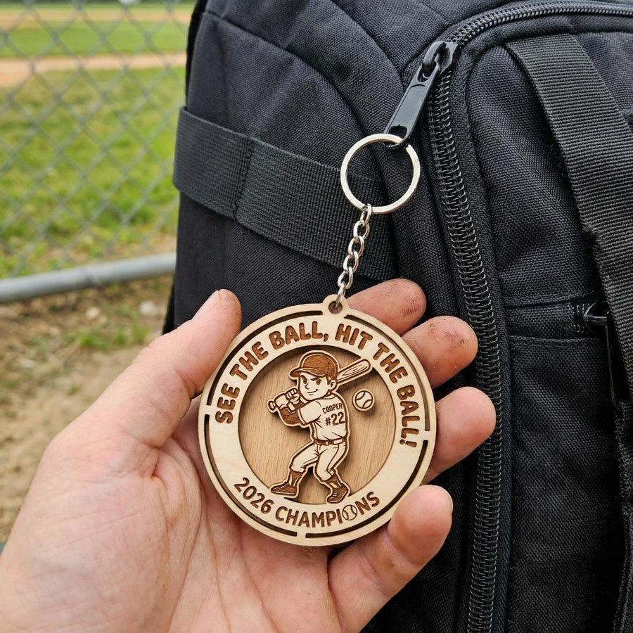 Personalized Wooden Baseball Keychain Custom Name and Number, Engraved Baseball Player Keychain, Little League Team Gift