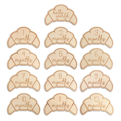 Wooden Croissant Baby Milestone Set, Rustic Monthly Photo Props,Hello World Birth Announcement Sign,Newborn Keepsake Gift,Monthly Milestones