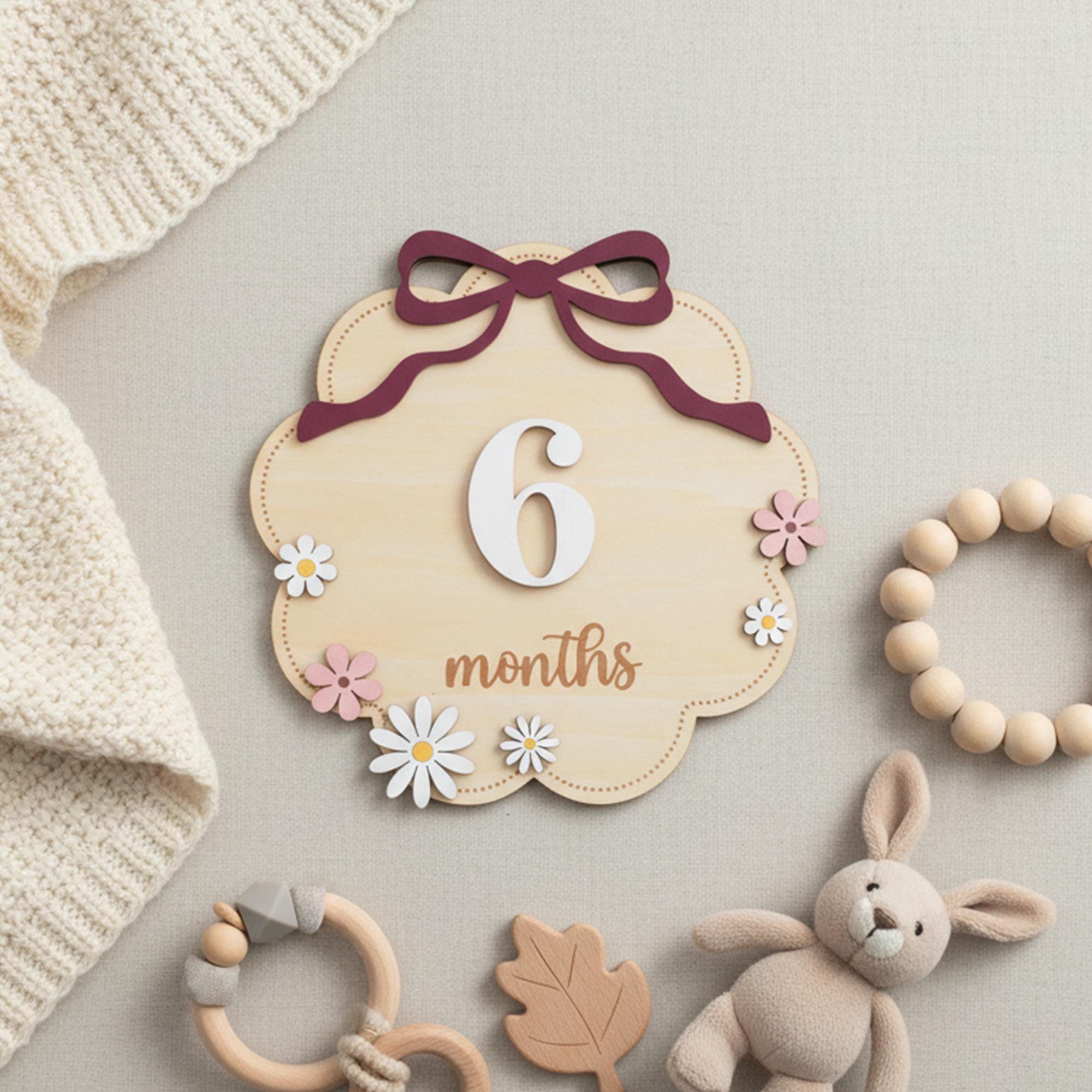 Wooden Baby Milestone Numbers Sign 1–12 Months Floral Design