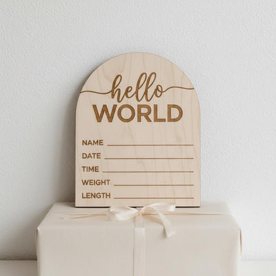 Hello World Wooden Baby Birth Announcement Sign, Newborn Photo Keepsake