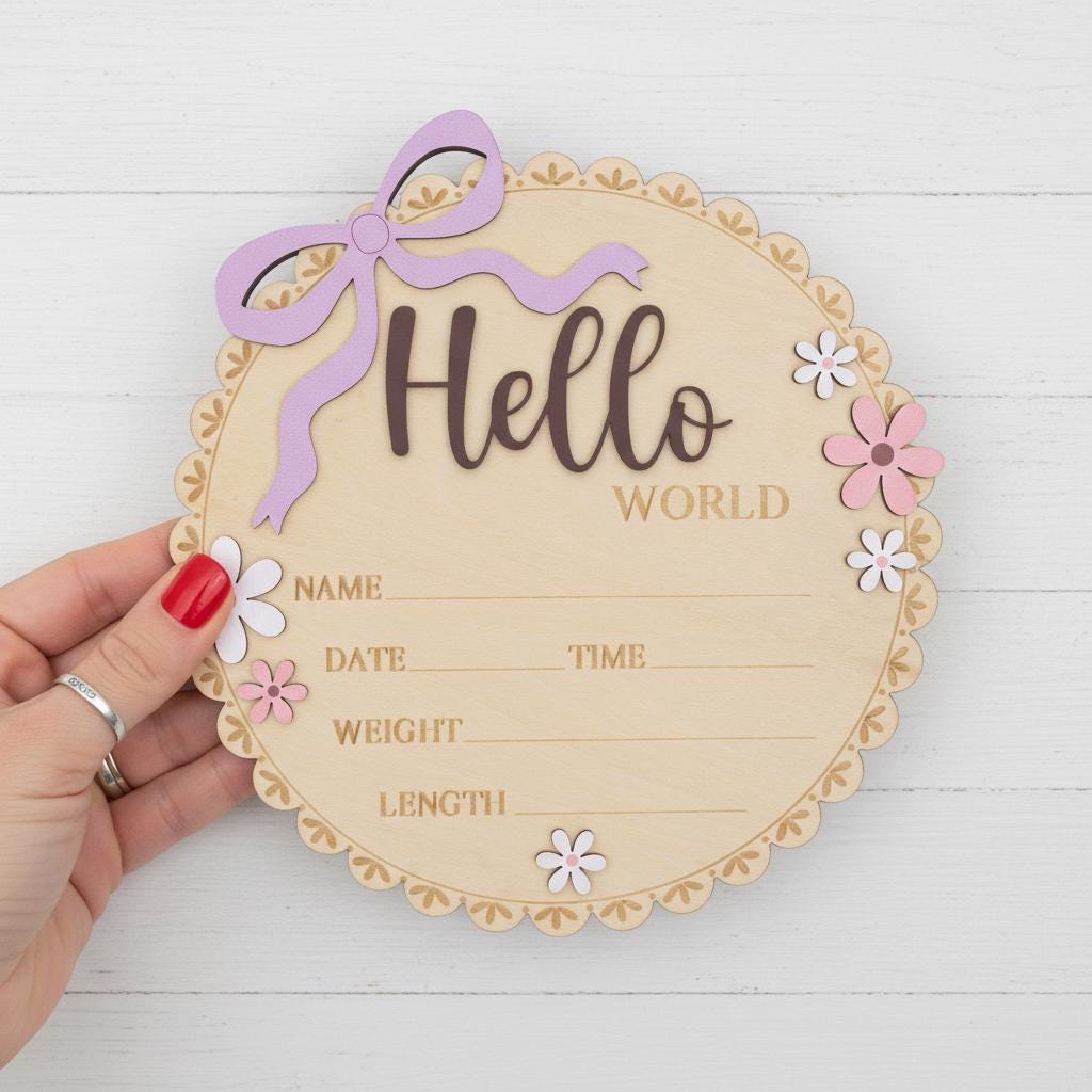 Baby Girl Hello World Birth Keepsake Sign Wooden Floral Nursery Decor