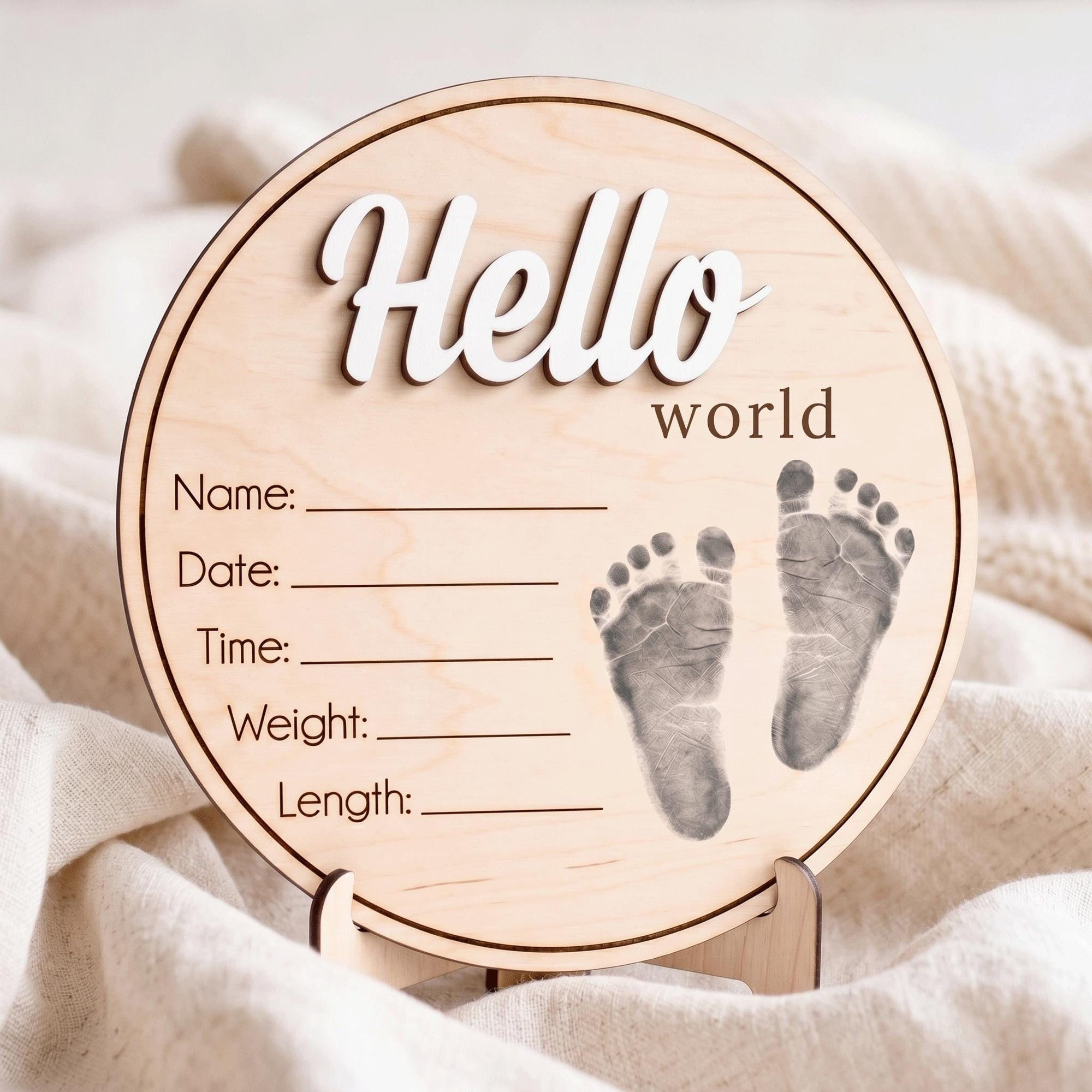 Printed Baby Footprint Sign | 3D Acrylic Hello World Wooden Plaque | Custom Newborn Birth Stats Announcement | Nursery Decor
