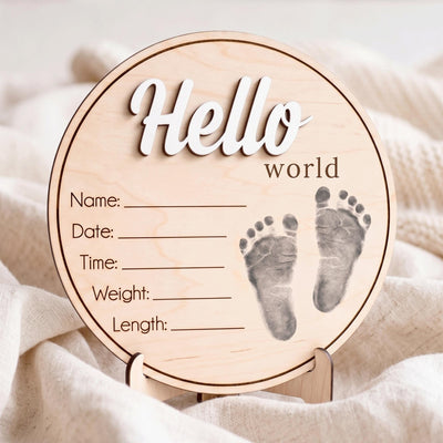 Printed Baby Footprint Sign | 3D Acrylic Hello World Wooden Plaque | Custom Newborn Birth Stats Announcement | Nursery Decor