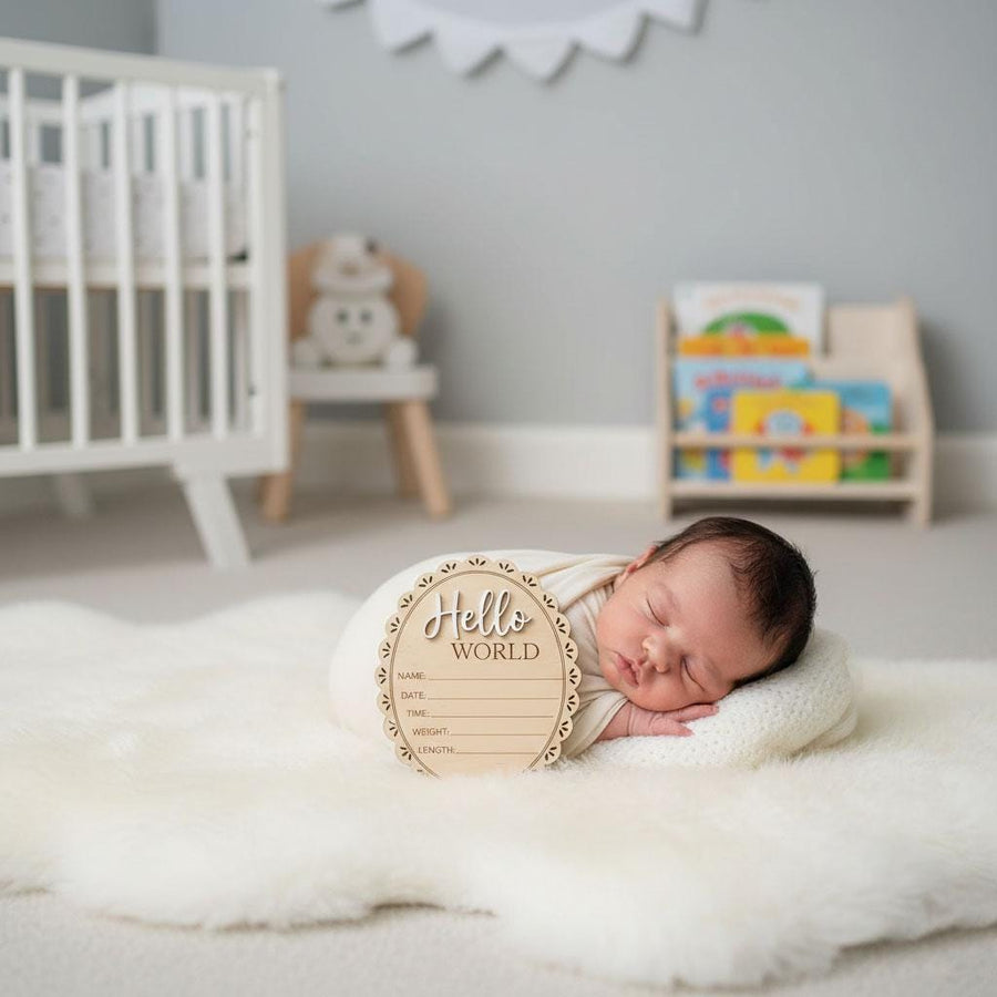 Scalloped Edge Birth Stats Sign | Oval Wooden Baby Plaque | 3D Acrylic Hello World Announcement | Vintage Girl Nursery Prop