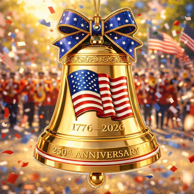 USA 250th Anniversary Golden Bell Ornament, 1776-2026 Liberty Bell Keepsake, Patriotic American Flag Gift, Luxury Holiday Decor