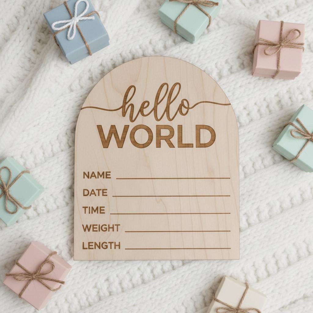 Hello World Wooden Baby Birth Announcement Sign, Newborn Photo Keepsake
