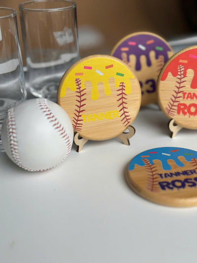 Personalized Baseball Bamboo Coaster: UV-Printed Drip Design
