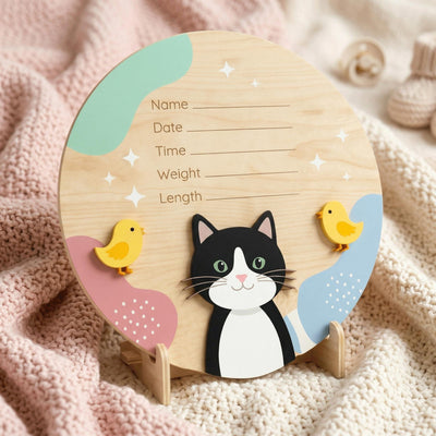 Tuxedo Cat Birth Stats Sign | Baby Chick 3D Wooden Newborn Plaque | Custom Kitten Baby Announcement | Neutral Nursery Decor