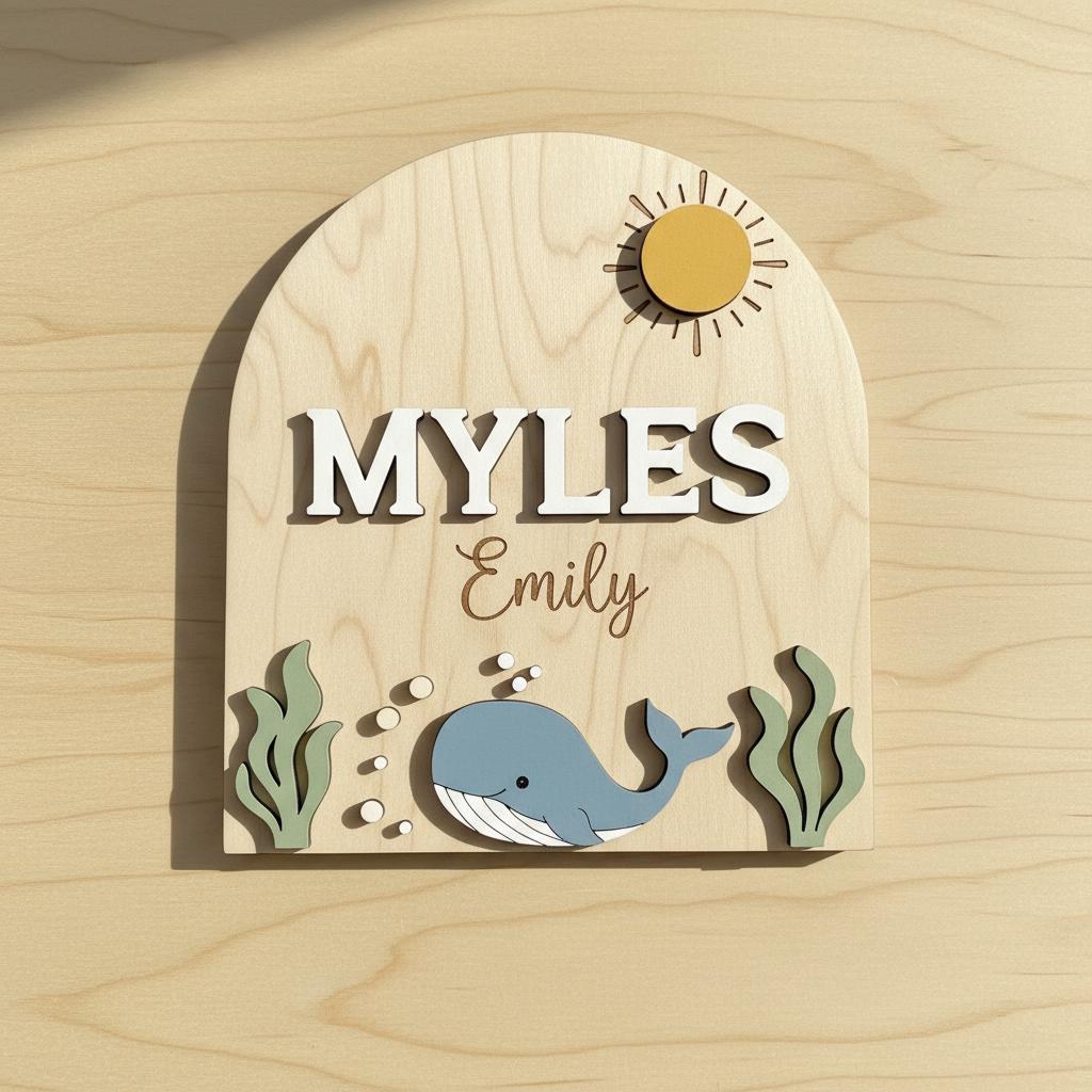 Personalized Baby Name Sign, Whale Nursery Decor, Custom Baby Name Plaque Wood, Ocean Theme Nursery Wall Sign
