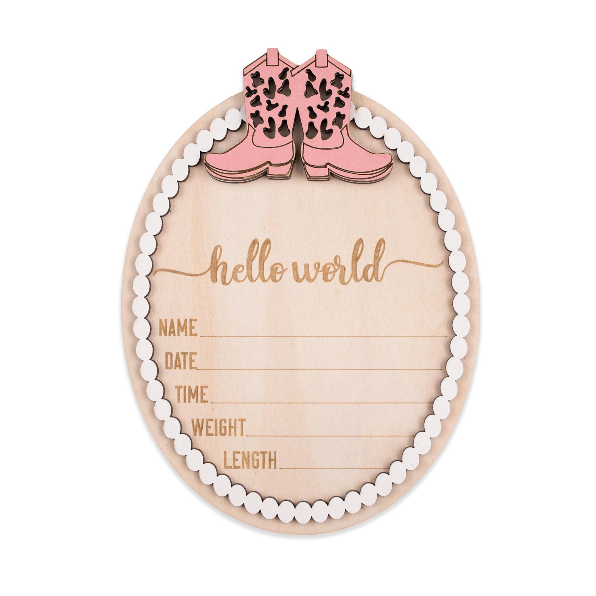 Western Baby Nursery Sign, Hello World Sign, Baby Announcement Sign with Pink Cowgirl Boots, Rustic Baby Photo Prop, Baby Shower Gift