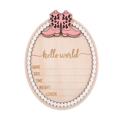 Western Baby Nursery Sign, Hello World Sign, Baby Announcement Sign with Pink Cowgirl Boots, Rustic Baby Photo Prop, Baby Shower Gift
