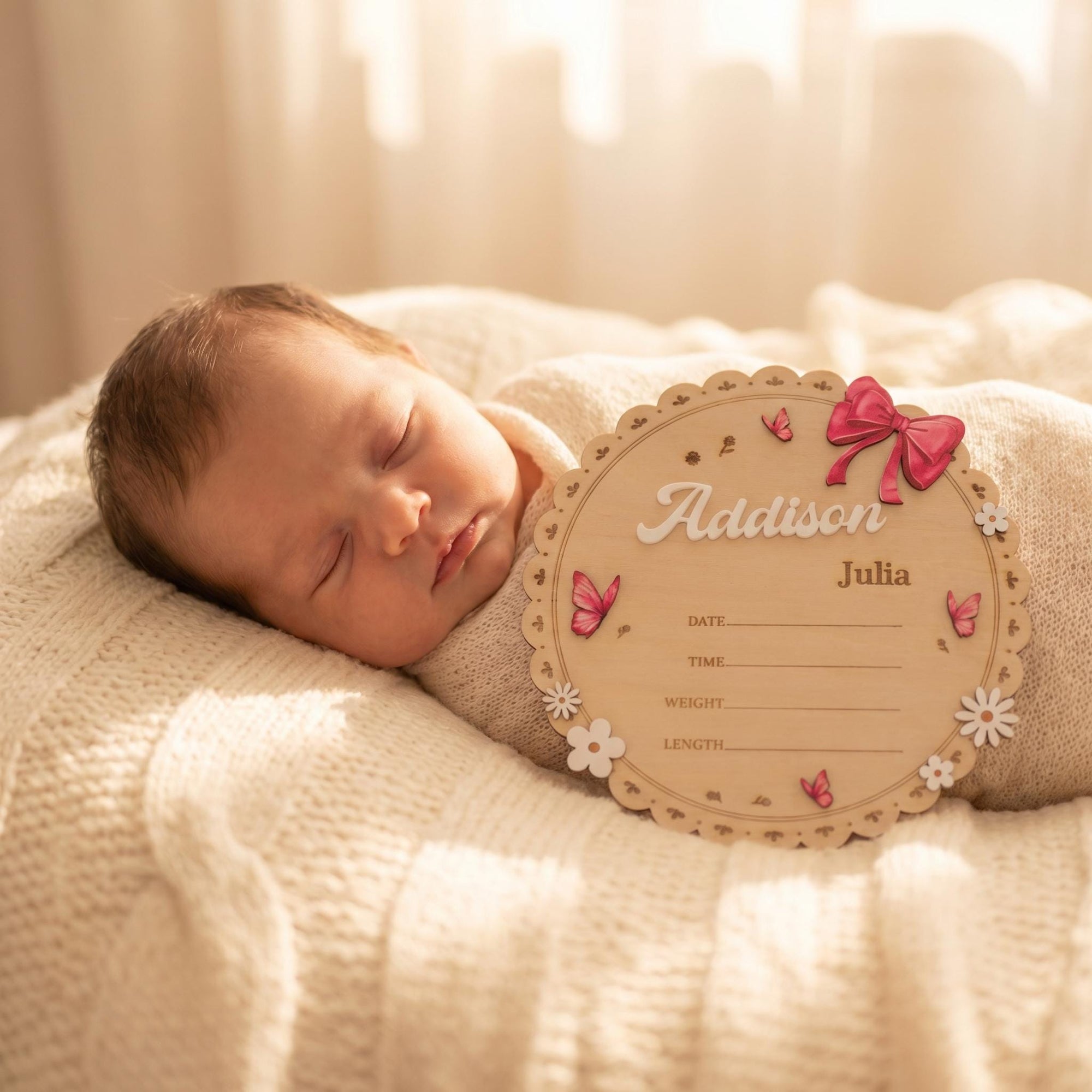Personalized Round Baby Name Sign for Nursery Scalloped Birth Announcement Sign Custom Wood Plaque Girl Bow Baby Shower Gift