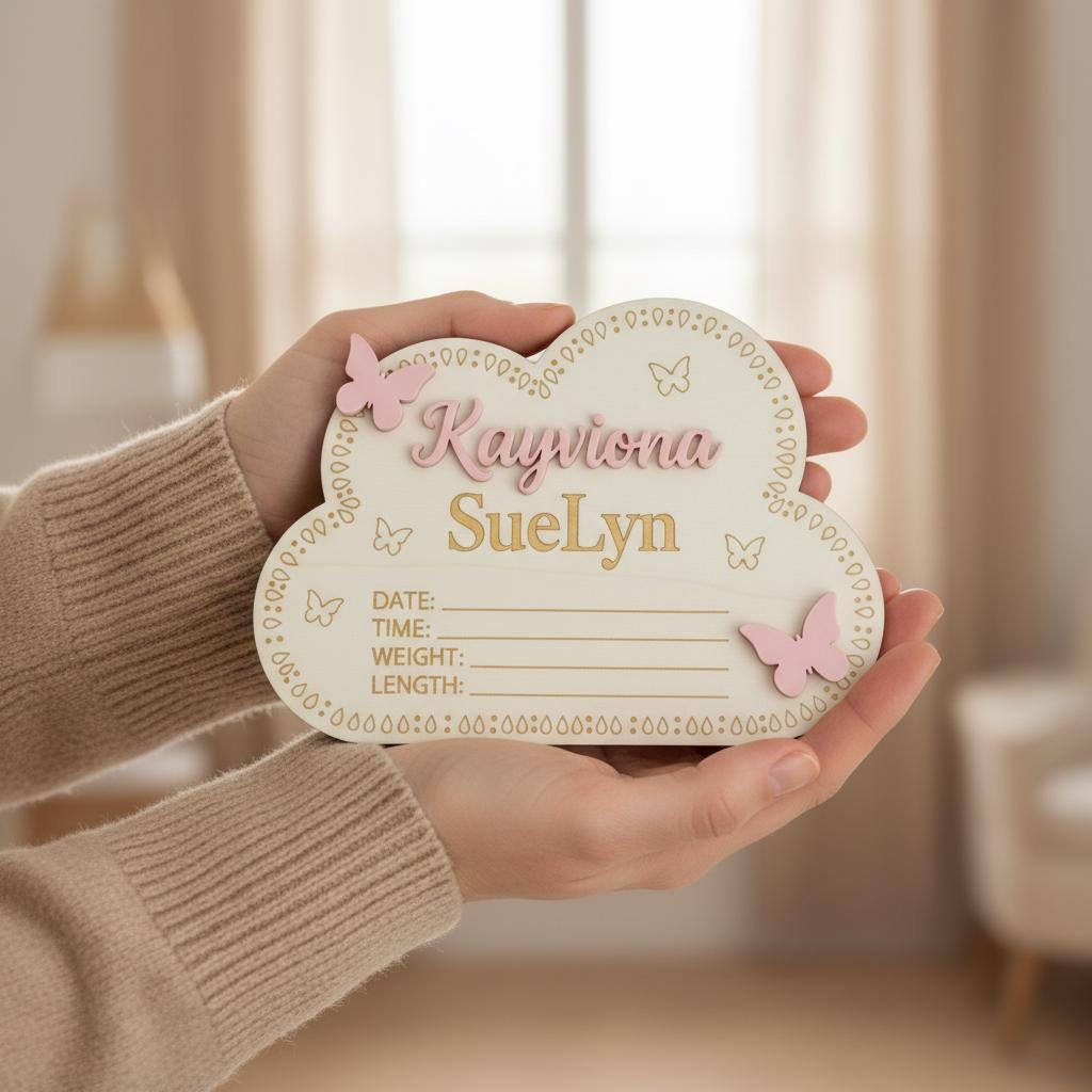 Personalized Wooden Baby Birth Announcement Sign, Cloud Nursery Name Plaque