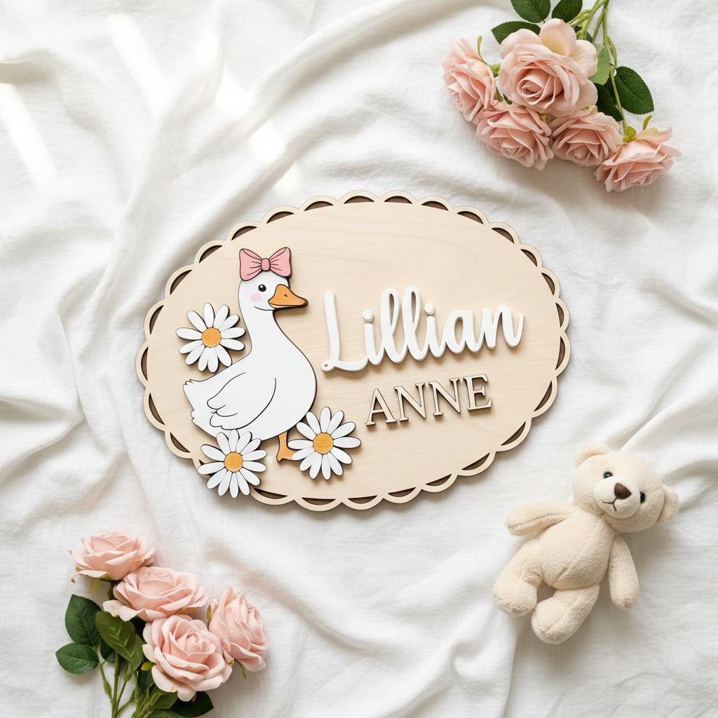 Personalized Baby Name Sign, Wooden Nursery Name Plaque with Goose, Custom Baby Girl Room Decor, Daisy Nursery Wall Decor, Baby Shower Gift