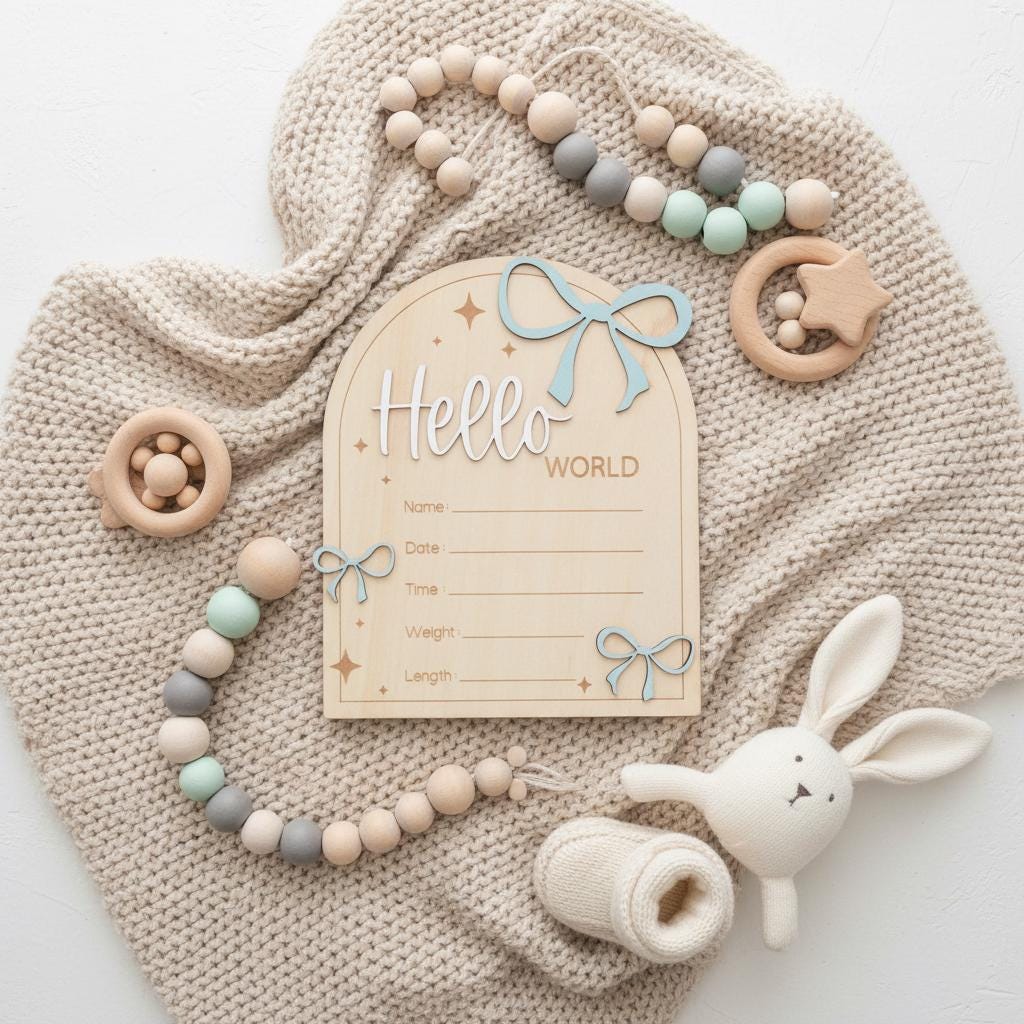 Hello World Wooden Birth Announcement Sign for Newborn Baby Photos