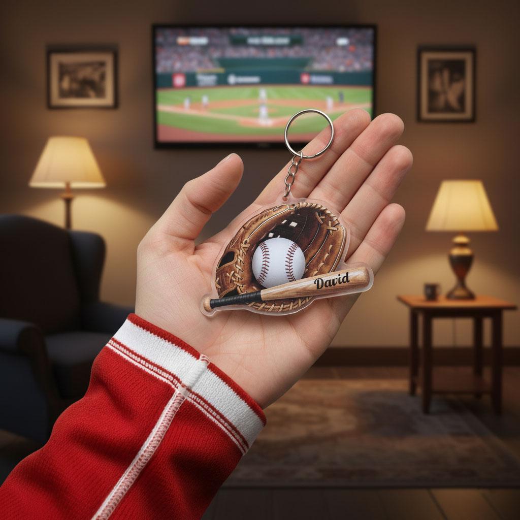 Personalized Baseball Keychain Custom Name, Baseball Glove Bat Keychain, Acrylic Baseball Player Gift, Little League Gift