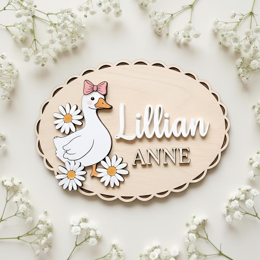Personalized Baby Name Sign, Wooden Nursery Name Plaque with Goose, Custom Baby Girl Room Decor, Daisy Nursery Wall Decor, Baby Shower Gift