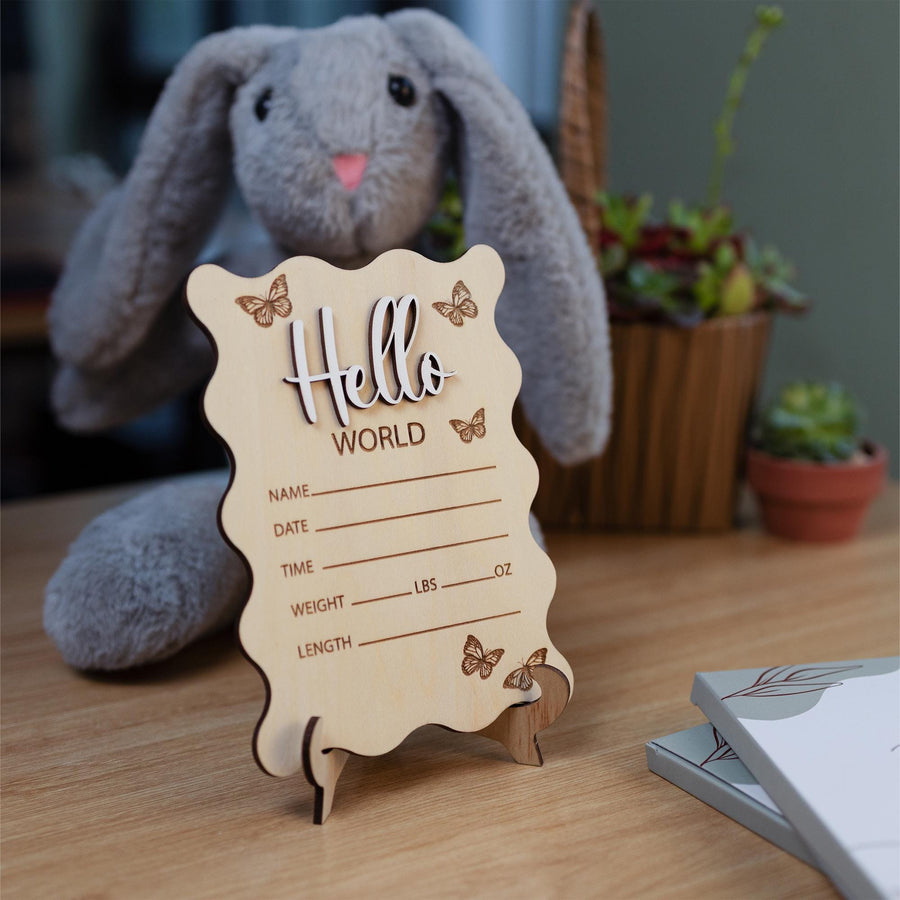 Hello World Sign, Baby Girl Name Sign, Scalloped Border Engraved Birth Announcement, Birth Stats Sign, Baby Keepsake, Birth Stat Sign