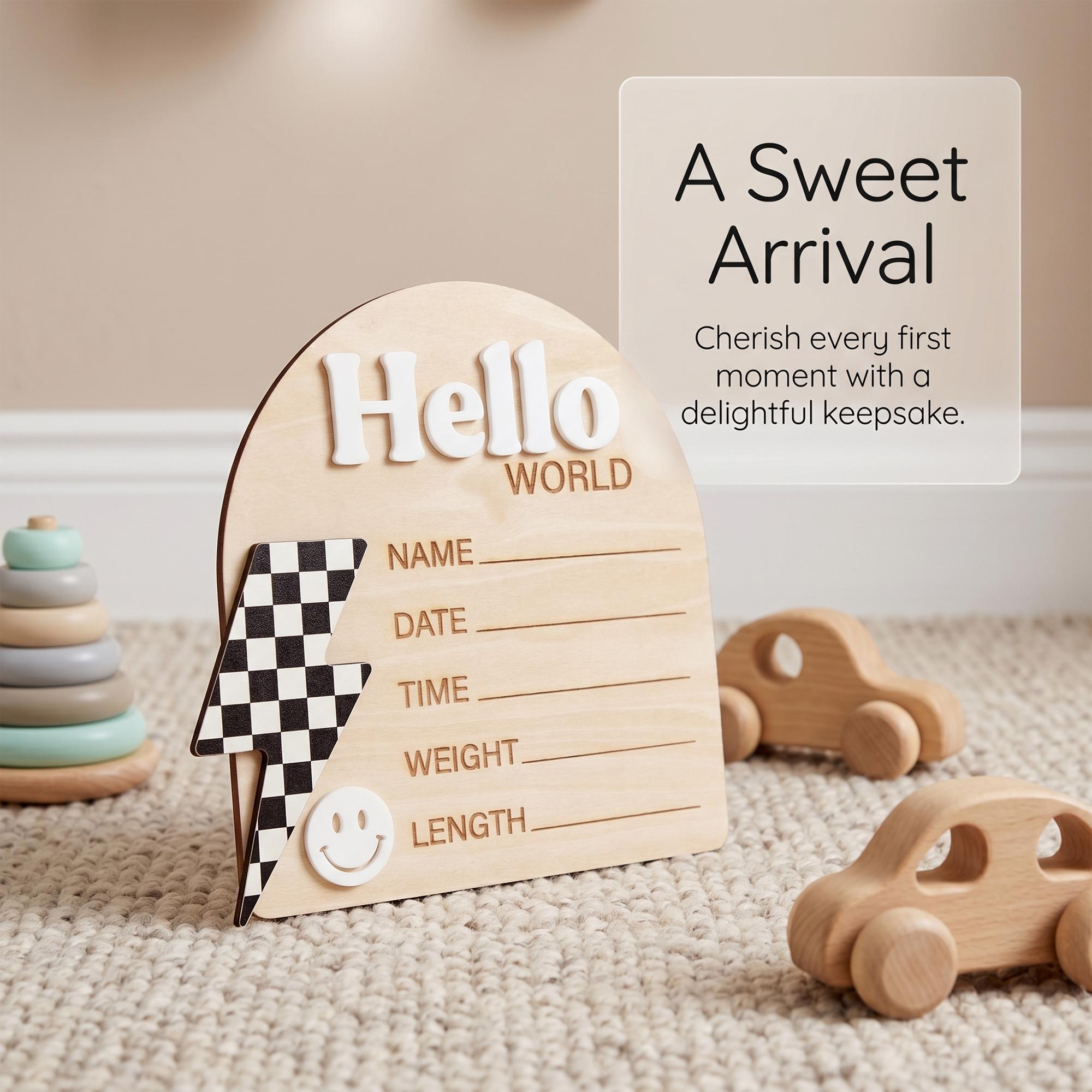 Checkered Lightning Bolt Birth Stats Sign | Retro Groovy Baby Name Plaque | Hello World Arch Photo Prop | Smiley Face Nursery Decor | Gift