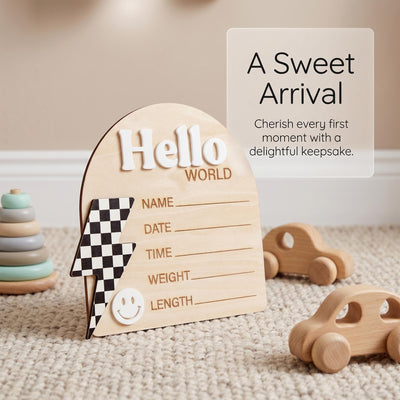 Checkered Lightning Bolt Birth Stats Sign | Retro Groovy Baby Name Plaque | Hello World Arch Photo Prop | Smiley Face Nursery Decor | Gift