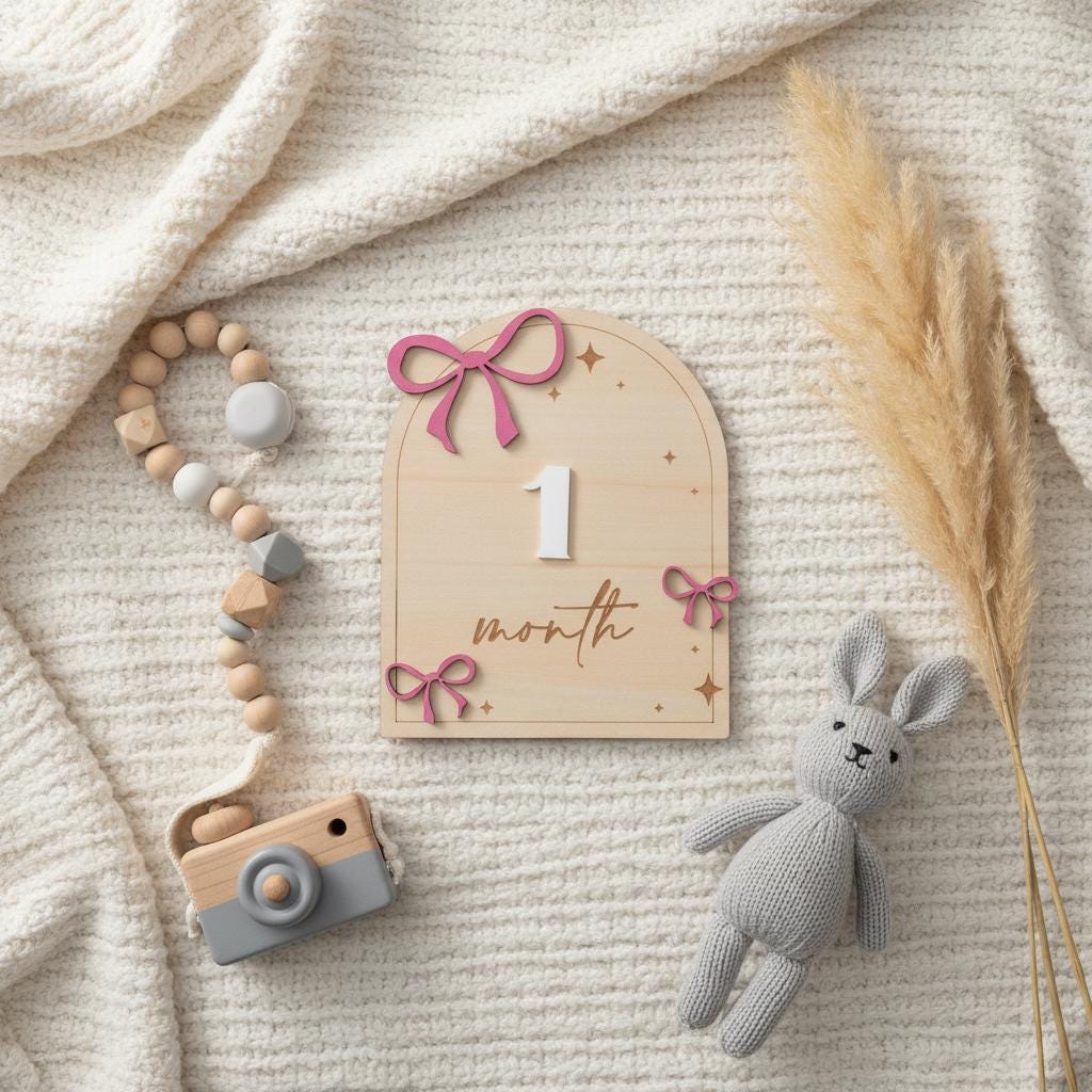 Wooden Baby Milestone Sign with Numbers 1–12 Months Pink Bow