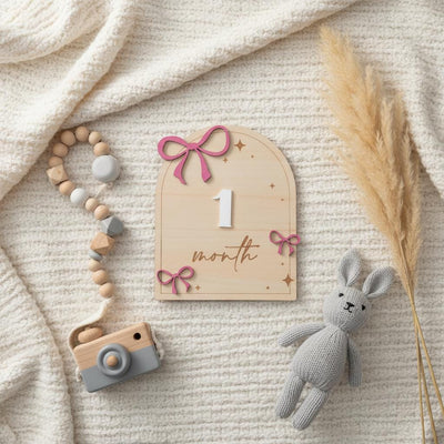 Wooden Baby Milestone Sign with Numbers 1–12 Months Pink Bow