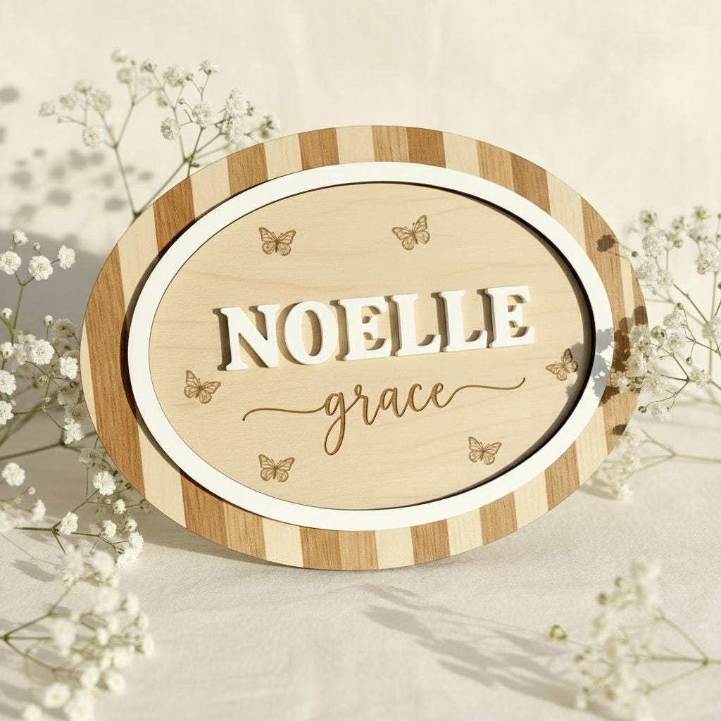 Personalized Wooden Baby Name Sign with Butterflies
