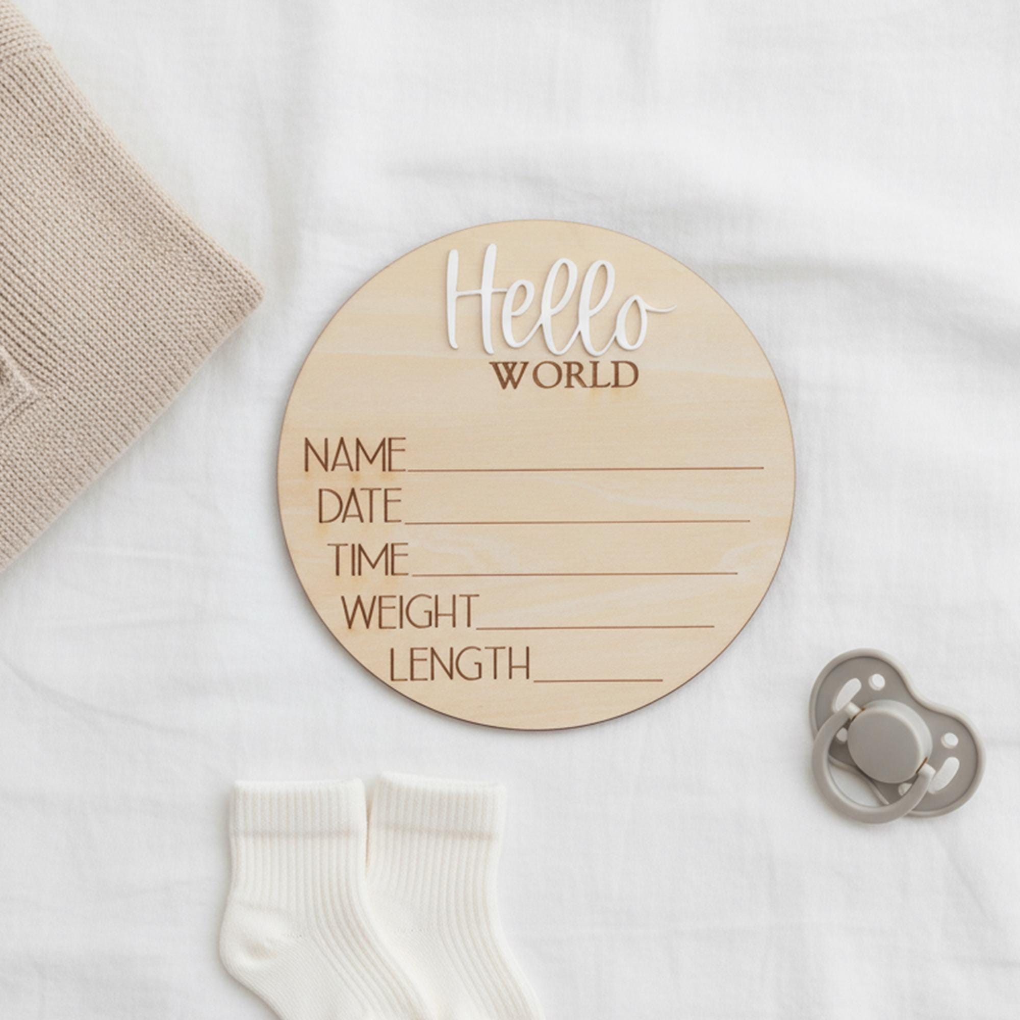 Personalized Baby Birth Stats Sign, Wooden Hello World Newborn Nursery Decor
