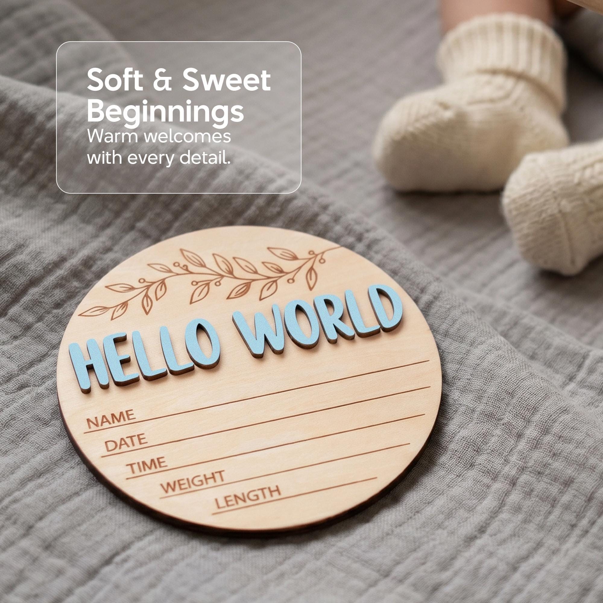 Blue Hello World Birth Stats Sign | 3D Botanical Leaf Wooden Plaque | Round Baby Boy Announcement Disc | Nursery Prop | Baby Shower Gift