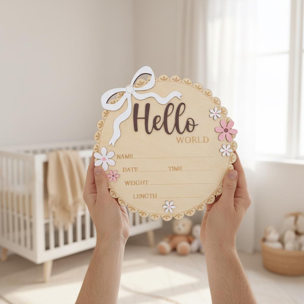 Newborn Hello World Sign Wooden Baby Birth Details Photo Prop