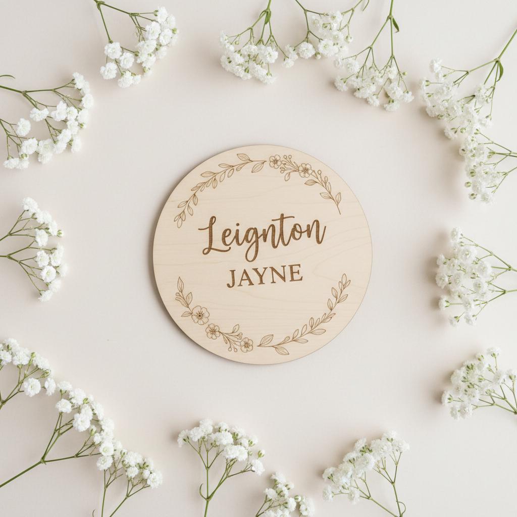 Personalized Wooden Baby Name Plaque, Round Nursery Name Announcement Sign