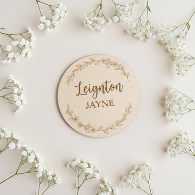 Personalized Wooden Baby Name Plaque, Round Nursery Name Announcement Sign