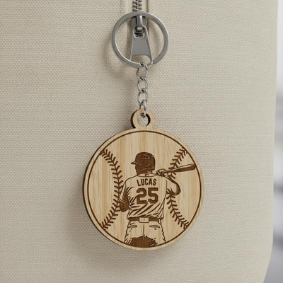 Personalized Wooden Baseball Keychain Custom Player Name and Number, Engraved Baseball Player Keychain, Little League Gift