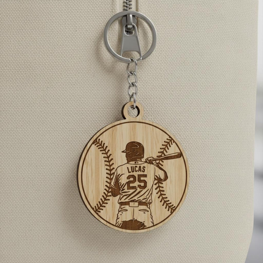 Personalized Wooden Baseball Keychain Custom Player Name and Number, Engraved Baseball Player Keychain, Little League Gift