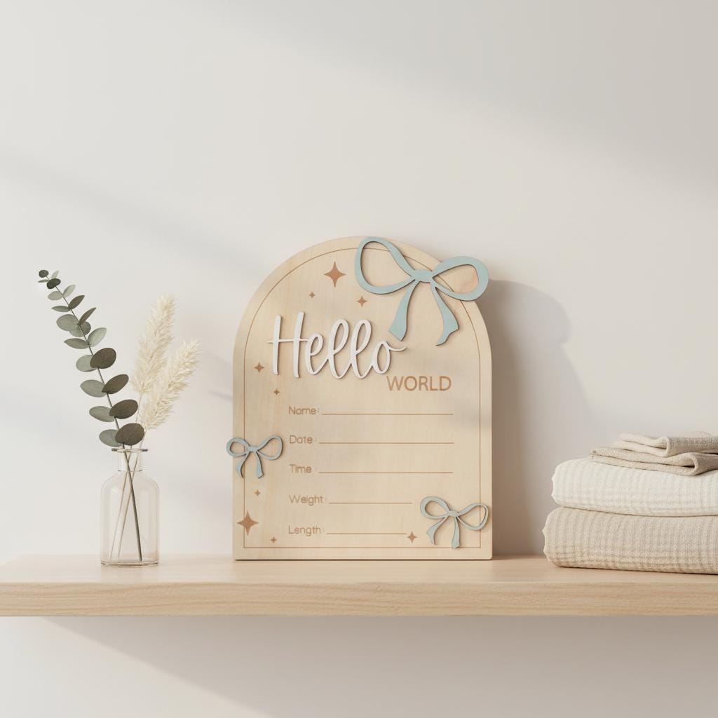 Hello World Wooden Birth Announcement Sign for Newborn Baby Photos