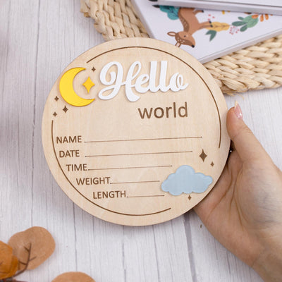 Hello World Birth Announcement Sign, Wooden Baby Name Reveal Sign, Sign For Baby Shower, Acrylic Moon and Cloud Newborn Photo Prop,Baby Sign