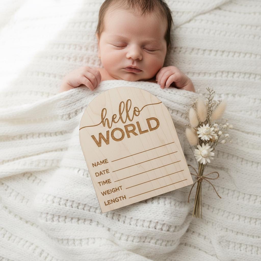 Hello World Wooden Baby Birth Announcement Sign, Newborn Photo Keepsake