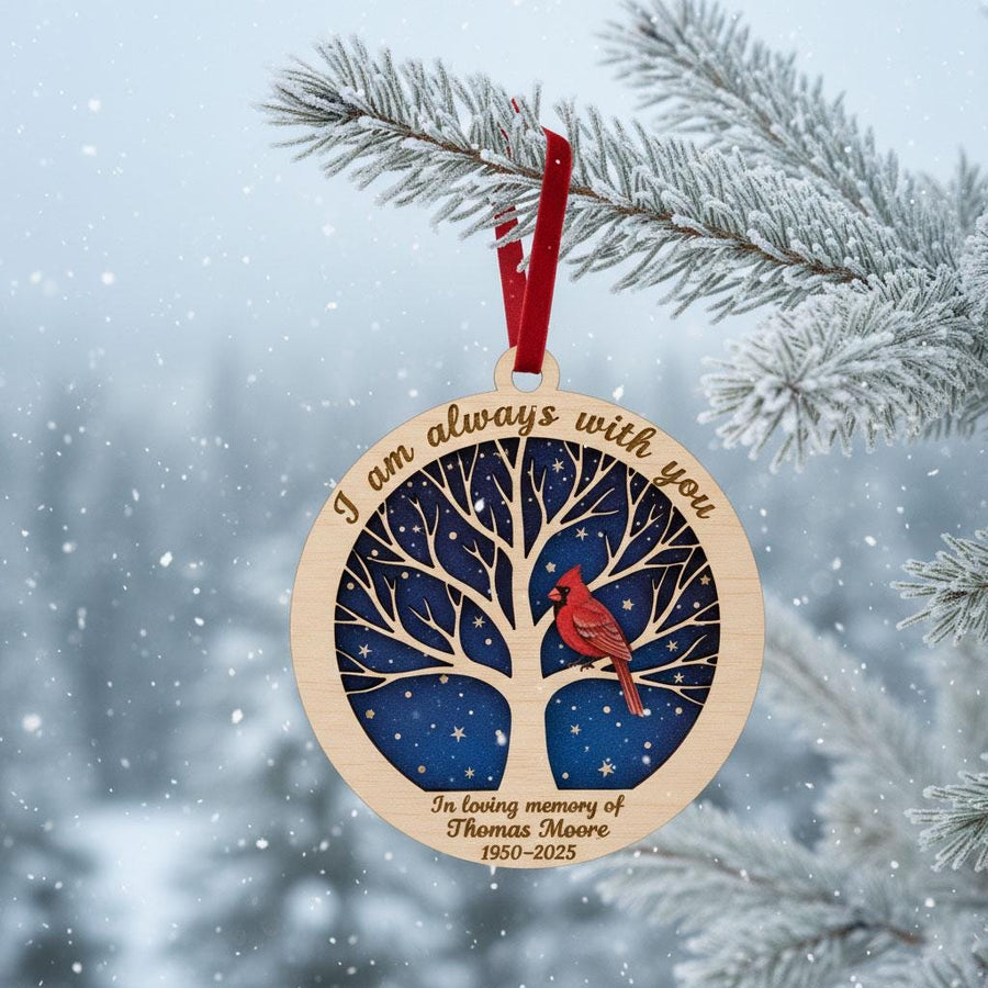 Personalized Memorial Christmas Ornament, Custom Wooden Ornament with Name and Years, Cardinal Remembrance Gift, Sympathy Keepsake, Ornament