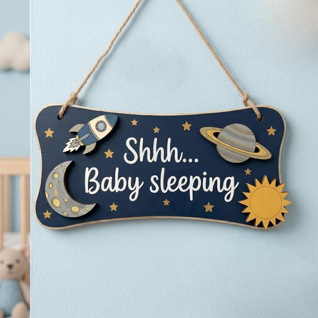 Baby Sleeping Door Sign Do Not Disturb | Outer Space Wooden Hanger | Rocket Ship Shh Plaque | Custom Galaxy Boy Nursery Decor