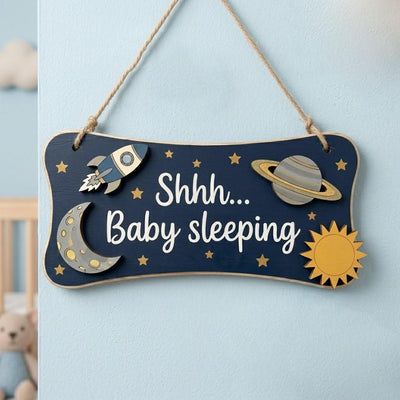 Baby Sleeping Door Sign Do Not Disturb | Outer Space Wooden Hanger | Rocket Ship Shh Plaque | Custom Galaxy Boy Nursery Decor