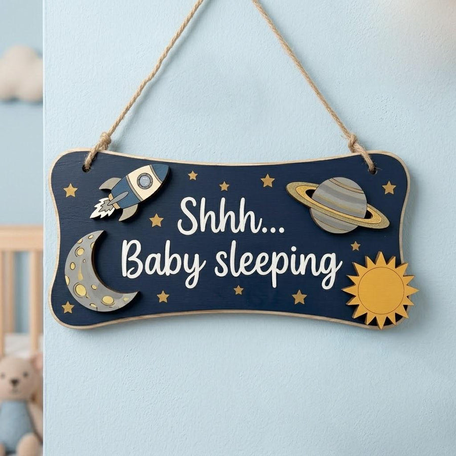 Baby Sleeping Door Sign Do Not Disturb | Outer Space Wooden Hanger | Rocket Ship Shh Plaque | Custom Galaxy Boy Nursery Decor