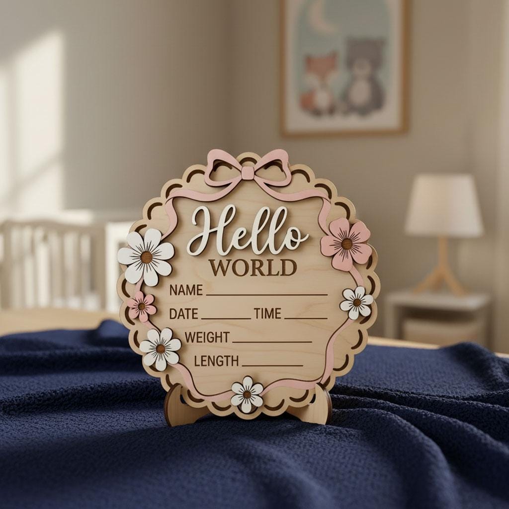3D Bow Birth Stats Sign for Girl | Daisy Flower Scalloped Wooden Plaque | Custom Ribbon Baby Announcement | Coquette Nursery Prop
