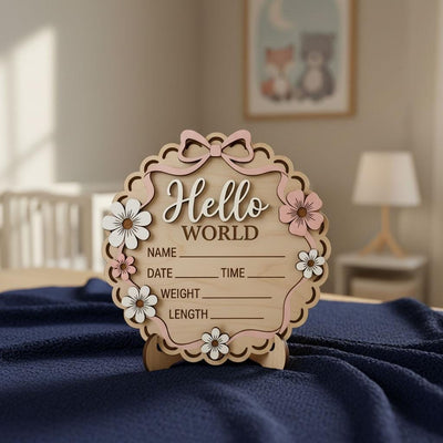 3D Bow Birth Stats Sign for Girl | Daisy Flower Scalloped Wooden Plaque | Custom Ribbon Baby Announcement | Coquette Nursery Prop