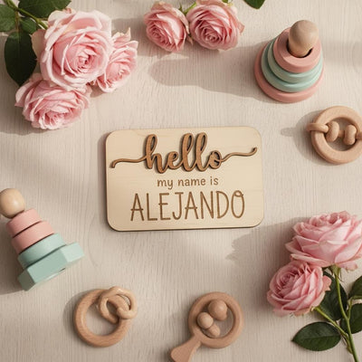 Hello My Name Is Wooden Baby Name Sign, Newborn Photo Prop