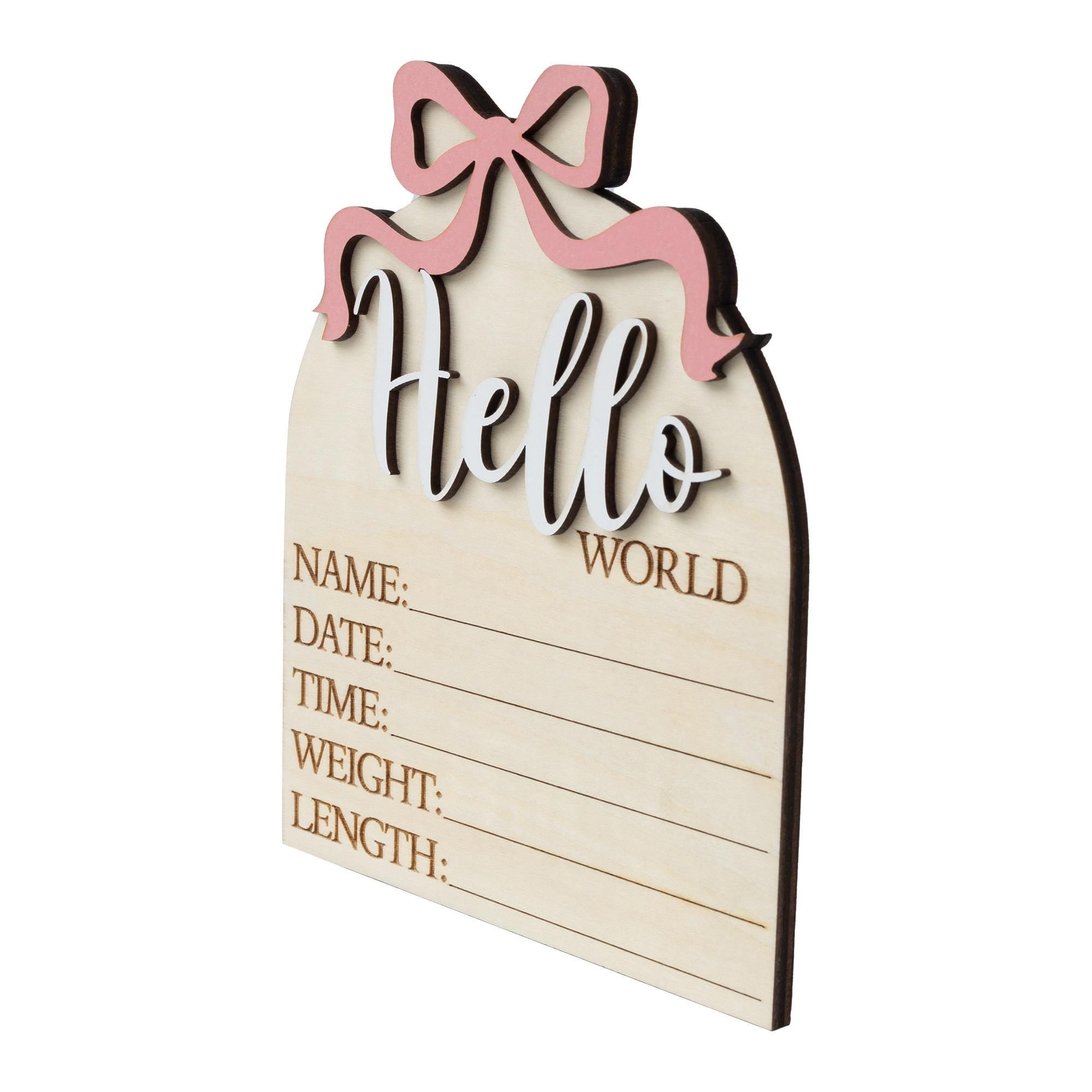 Hello World Sign With Pink Bow, Birth Stats Sign, Baby Girl Shower Gift Keepsake, Birth Announcement Sign, Baby Stats Announcement