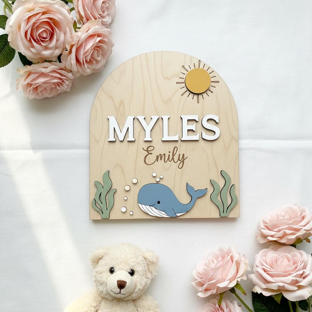 Personalized Baby Name Sign, Whale Nursery Decor, Custom Baby Name Plaque Wood, Ocean Theme Nursery Wall Sign