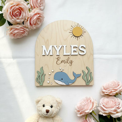 Personalized Baby Name Sign, Whale Nursery Decor, Custom Baby Name Plaque Wood, Ocean Theme Nursery Wall Sign